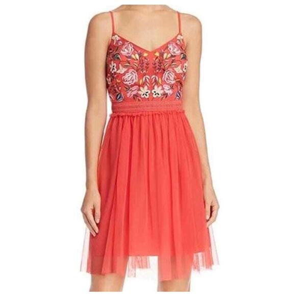 French Connection Geona Strappy Tulle Dress Sz 4/S Red Multi Floral Embroidered - Picture 11 of 12